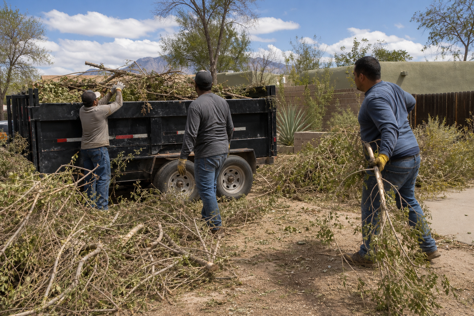 Crew loading branches and debris into a dump trailer
