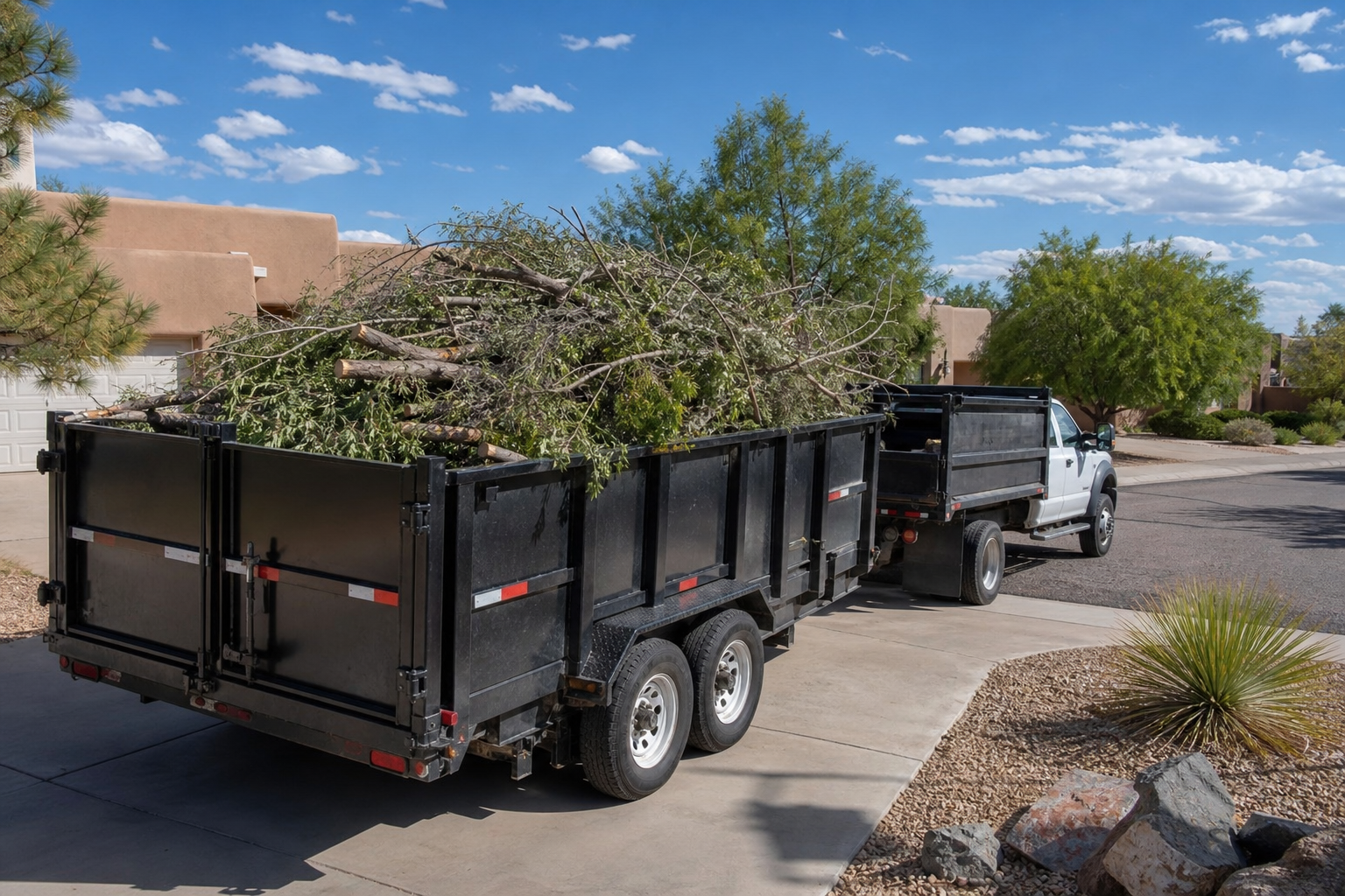 Dump trailer loaded with brush and tree debris in an Albuquerque driveway