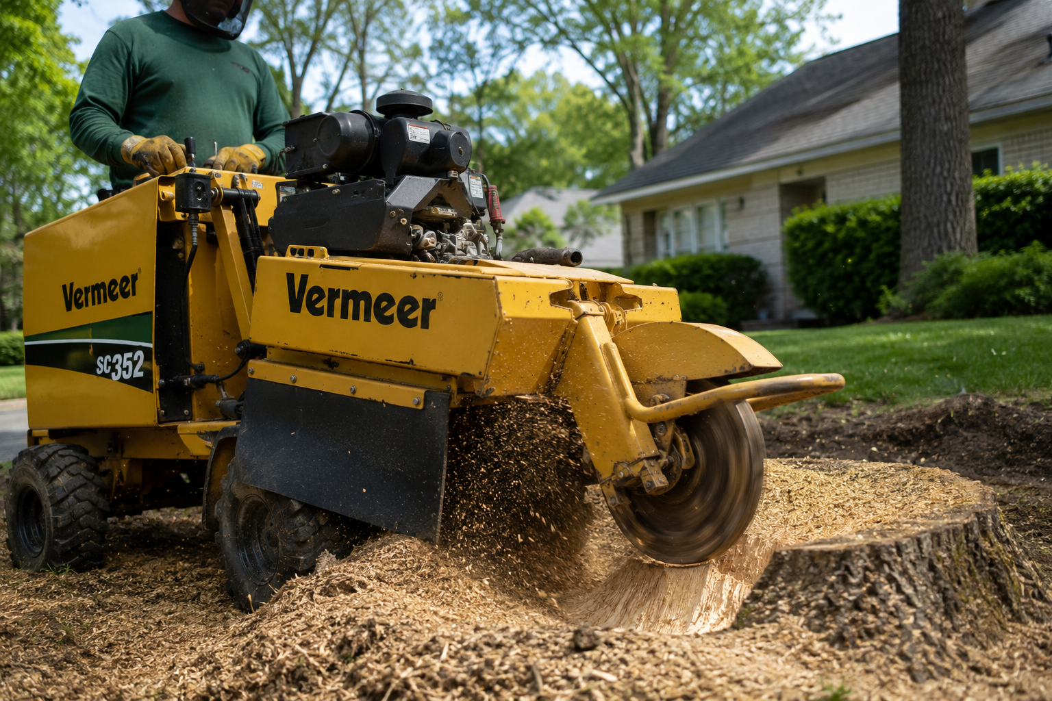 Stump grinding equipment working in a yard