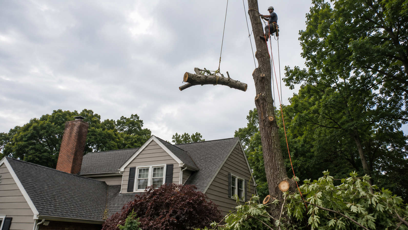 Arborist trimming a tree with rope work