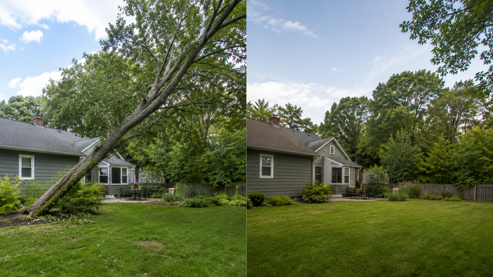 Before and after style tree removal view in a residential yard