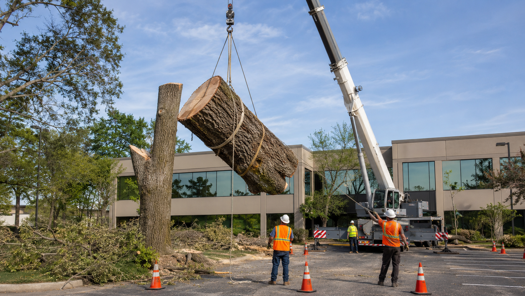 Crew using equipment for a larger tree project