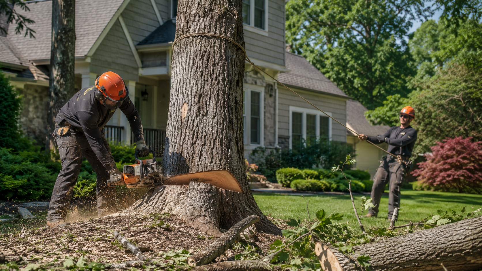 Tree removal work in progress at a home